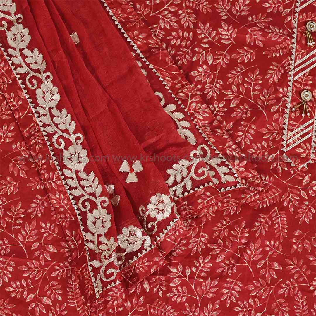 Red Leaf Unstitched Cotton Jaipuri Salwar Suit With Chiffon Dupatta