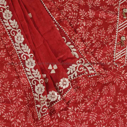 Red Leaf Unstitched Cotton Jaipuri Salwar Suit With Chiffon Dupatta