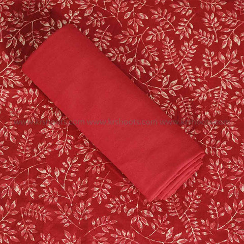 Red Leaf Unstitched Cotton Jaipuri Salwar Suit With Chiffon Dupatta