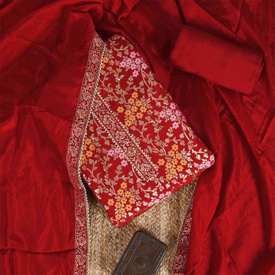 Red Unstitched Dola Silk Jaipuri Salwar Suit With Dupatta