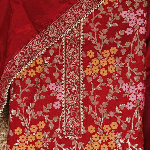 Red Unstitched Dola Silk Jaipuri Salwar Suit With Dupatta