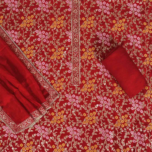 Red Unstitched Dola Silk Jaipuri Salwar Suit With Dupatta