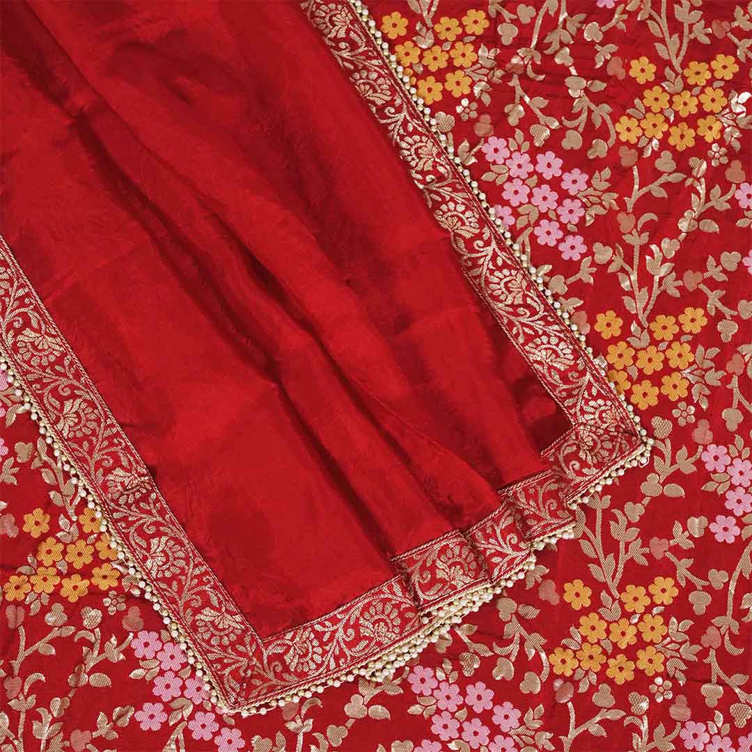 Red Unstitched Dola Silk Jaipuri Salwar Suit With Dupatta
