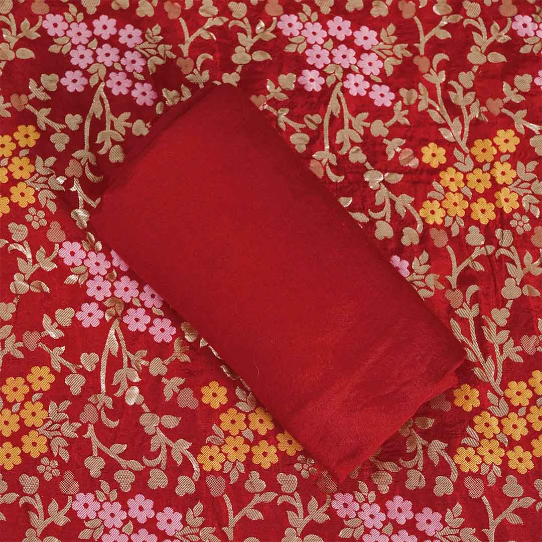 Red Unstitched Dola Silk Jaipuri Salwar Suit With Dupatta