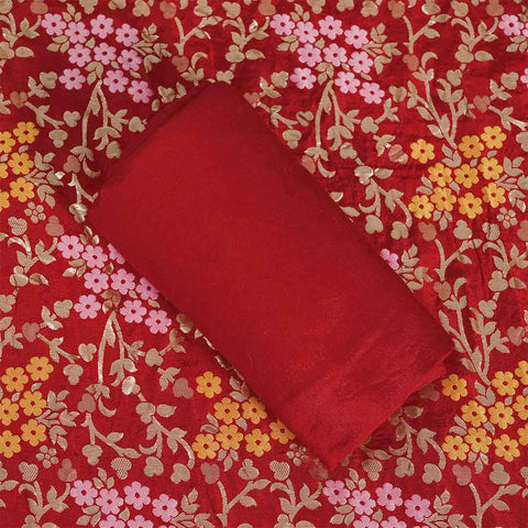 Red Unstitched Dola Silk Jaipuri Salwar Suit With Dupatta