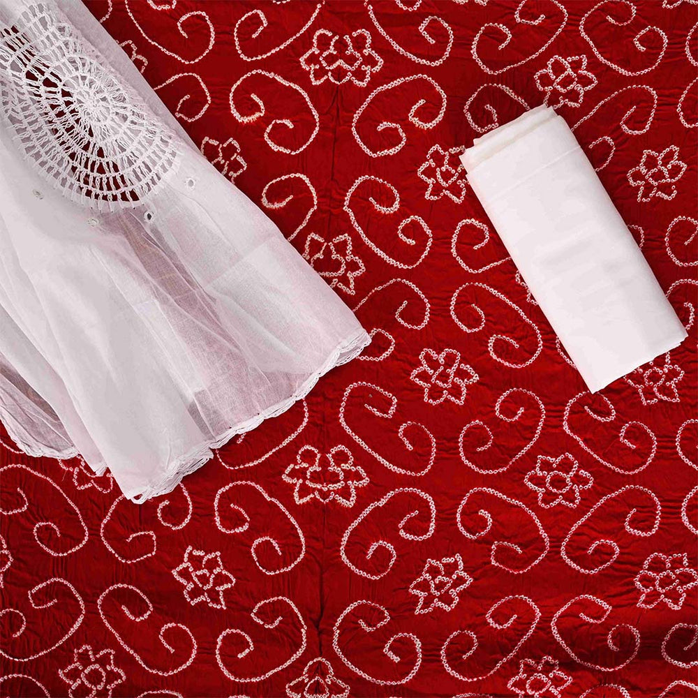 Red White Bandhani Unstitched Jaipuri Cotton Suit Set With Malmal Dupatta