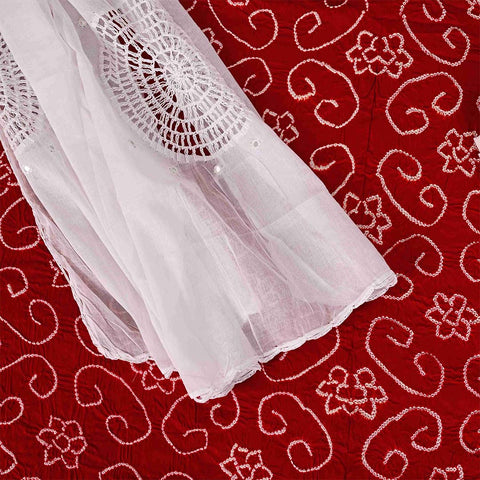 Red White Bandhani Unstitched Jaipuri Cotton Suit Set With Malmal Dupatta