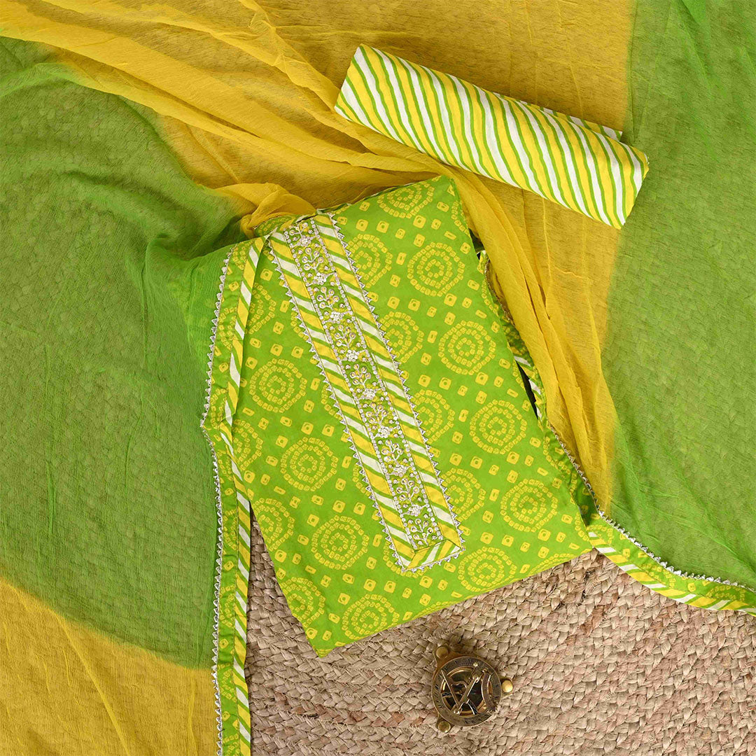 Refresh Green Bandhej Unstitched Cotton Jaipuri Suit Set with Chiffon Dupatta