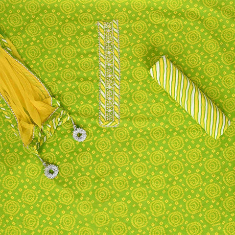 Refresh Green Bandhej Unstitched Cotton Jaipuri Suit Set with Chiffon Dupatta