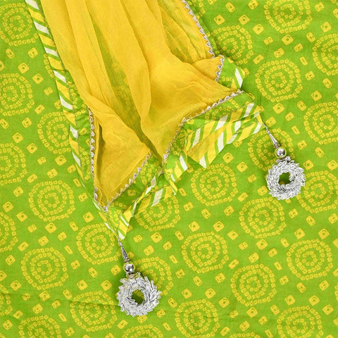 Refresh Green Bandhej Unstitched Cotton Jaipuri Suit Set with Chiffon Dupatta