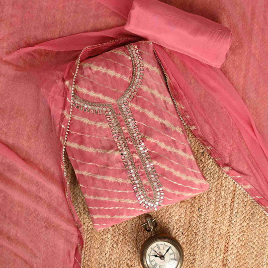 Rose Leheriya Unstitched Muslin Salwar Jaipuri Suit With Chiffon Dupatta