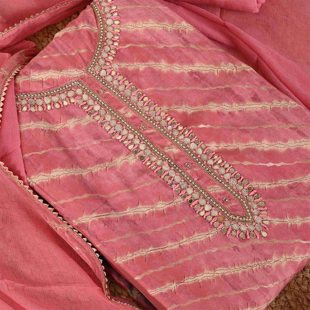 Rose Leheriya Unstitched Muslin Salwar Jaipuri Suit With Chiffon Dupatta