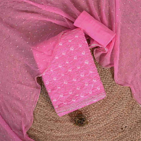 Rose Pink Bandhej Unstitched Cotton Jaipuri Suit Set With Chiffon Dupatta