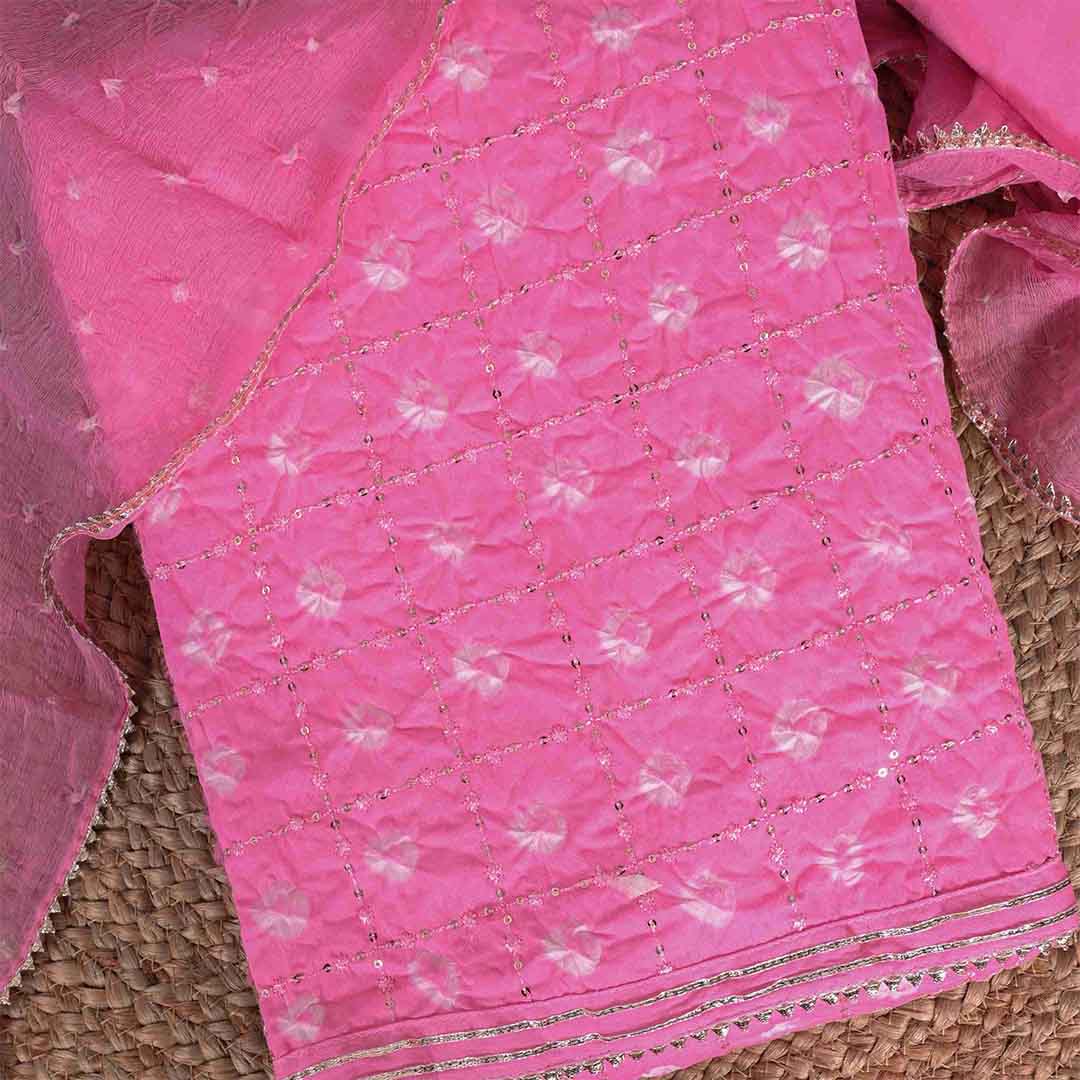 Rose Pink Bandhej Unstitched Cotton Jaipuri Suit Set With Chiffon Dupatta