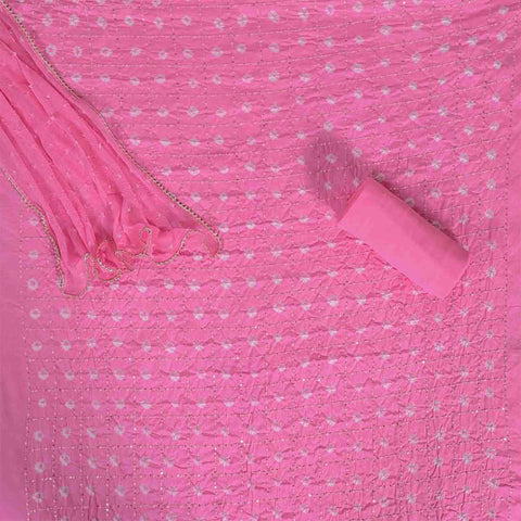 Rose Pink Bandhej Unstitched Cotton Jaipuri Suit Set With Chiffon Dupatta