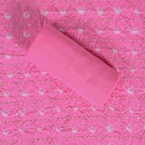 Rose Pink Bandhej Unstitched Cotton Jaipuri Suit Set With Chiffon Dupatta