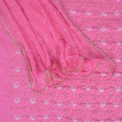 Rose Pink Bandhej Unstitched Cotton Jaipuri Suit Set With Chiffon Dupatta