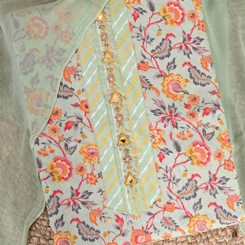 Sage Green Kalamkari Unstitched Cotton Jaipuri Suit Set With Chiffon Dupatta