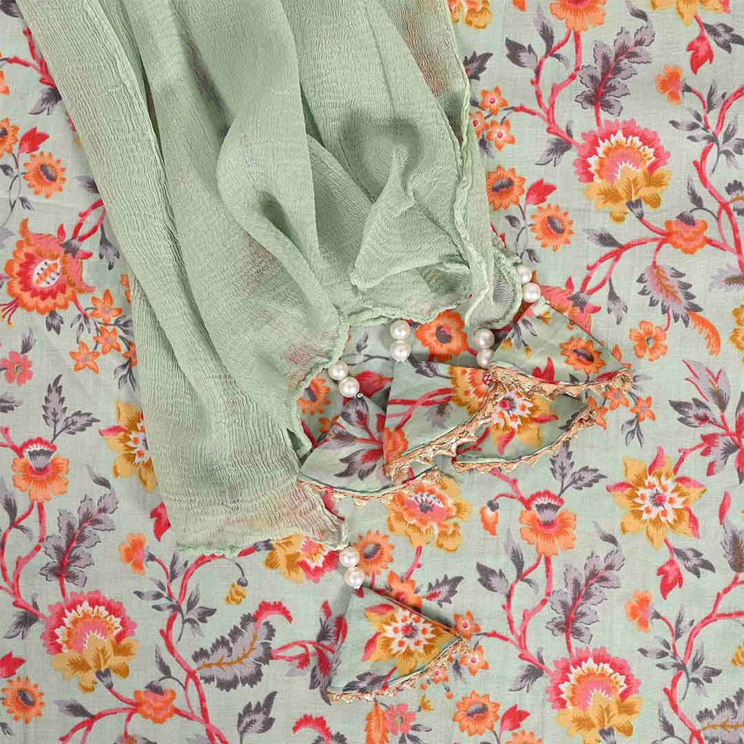 Sage Green Kalamkari Unstitched Cotton Jaipuri Suit Set With Chiffon Dupatta