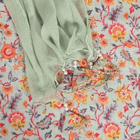 Sage Green Kalamkari Unstitched Cotton Jaipuri Suit Set With Chiffon Dupatta