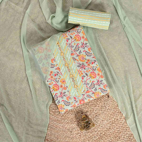Sage Green Kalamkari Unstitched Cotton Jaipuri Suit Set With Chiffon Dupatta
