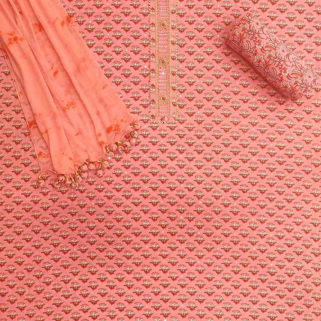 Salmon Peach Unstitched Cotton Jaipuri Suit Set With Chiffon Dupatta