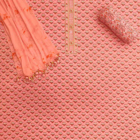Salmon Peach Unstitched Cotton Jaipuri Suit Set With Chiffon Dupatta