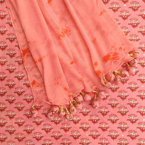 Salmon Peach Unstitched Cotton Jaipuri Suit Set With Chiffon Dupatta
