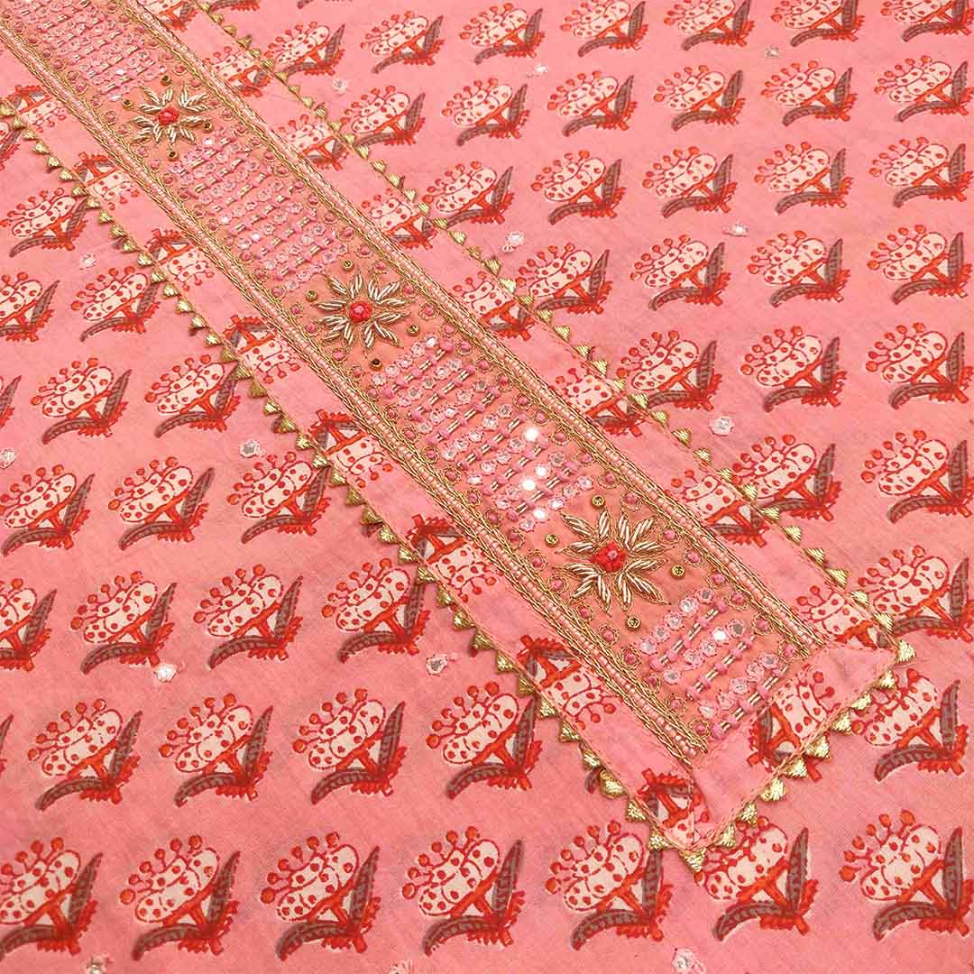 Salmon Peach Unstitched Cotton Jaipuri Suit Set With Chiffon Dupatta