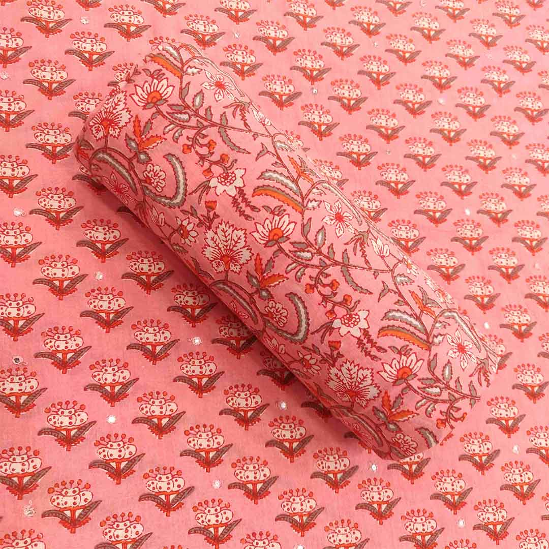Salmon Peach Unstitched Cotton Jaipuri Suit Set With Chiffon Dupatta