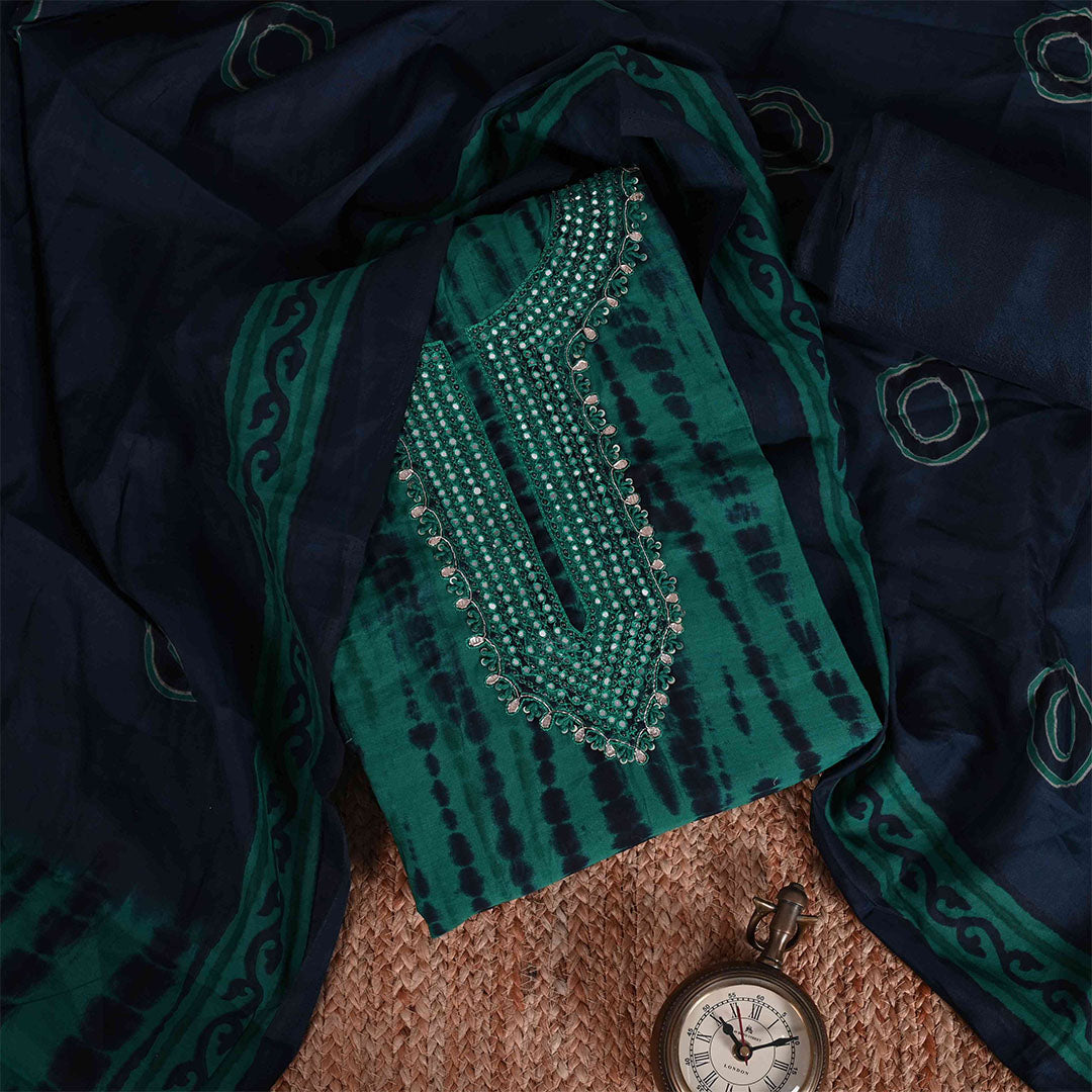Shibori Rama Unstitched Muslin Jaipuri Suit Set With Modal Silk Dupatta