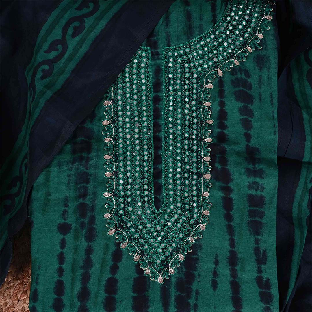 Shibori Rama Unstitched Muslin Jaipuri Suit Set With Modal Silk Dupatta