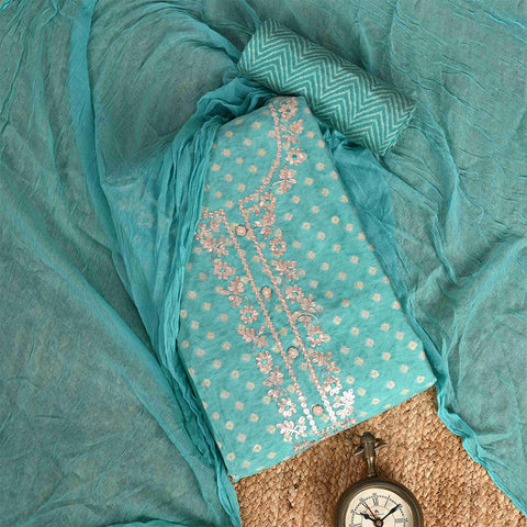 Sky Bandhani Unstitched Muslin Rajasthani Salwar Suit With Chiffon Dupatta
