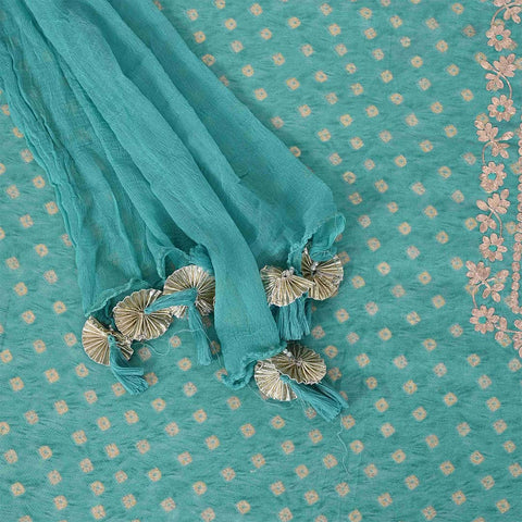 Sky Bandhani Unstitched Muslin Rajasthani Salwar Suit With Chiffon Dupatta