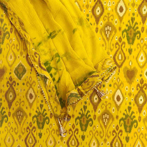 Slime Green Unstitched Cotton Rajasthani Salwar Suit With Chiffon Dupatta