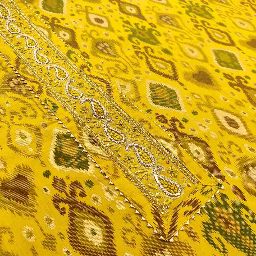 Slime Green Unstitched Cotton Rajasthani Salwar Suit With Chiffon Dupatta