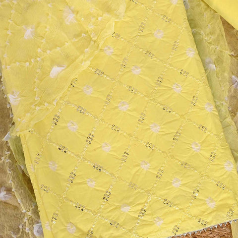 Soft Lemon Bandhej Unstitched Cotton Rajasthani Suit Set With Chiffon Dupatta