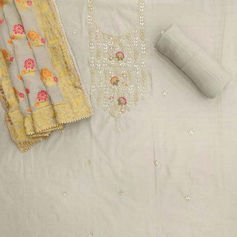 Stone Grey Unstitched Chanderi Salwar Jaipuri Suit With Georgette Silk Dupatta