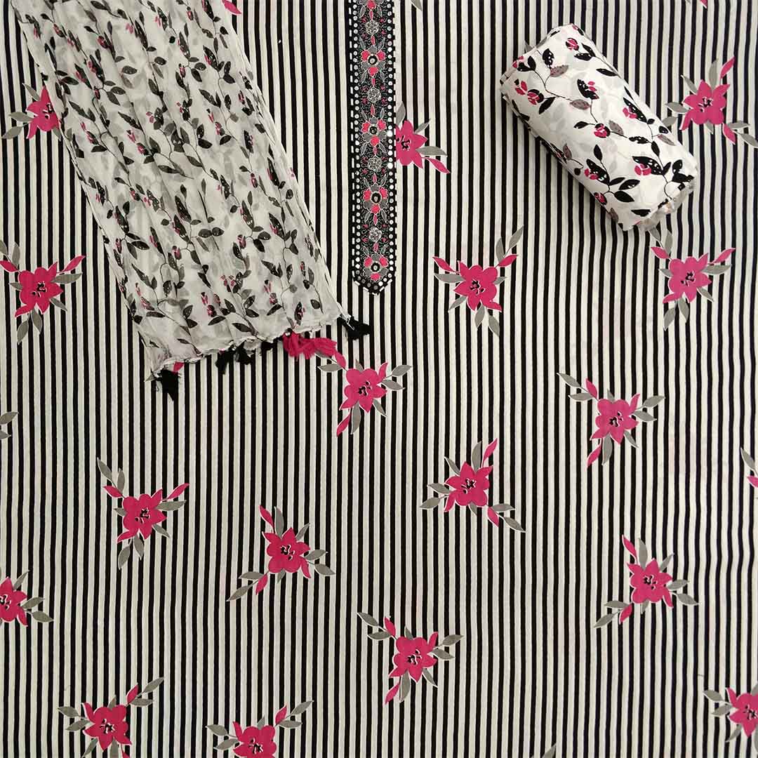 Stripes Flower Print Unstitched Cotton Jaipuri Suit Set With Chiffon Dupatta