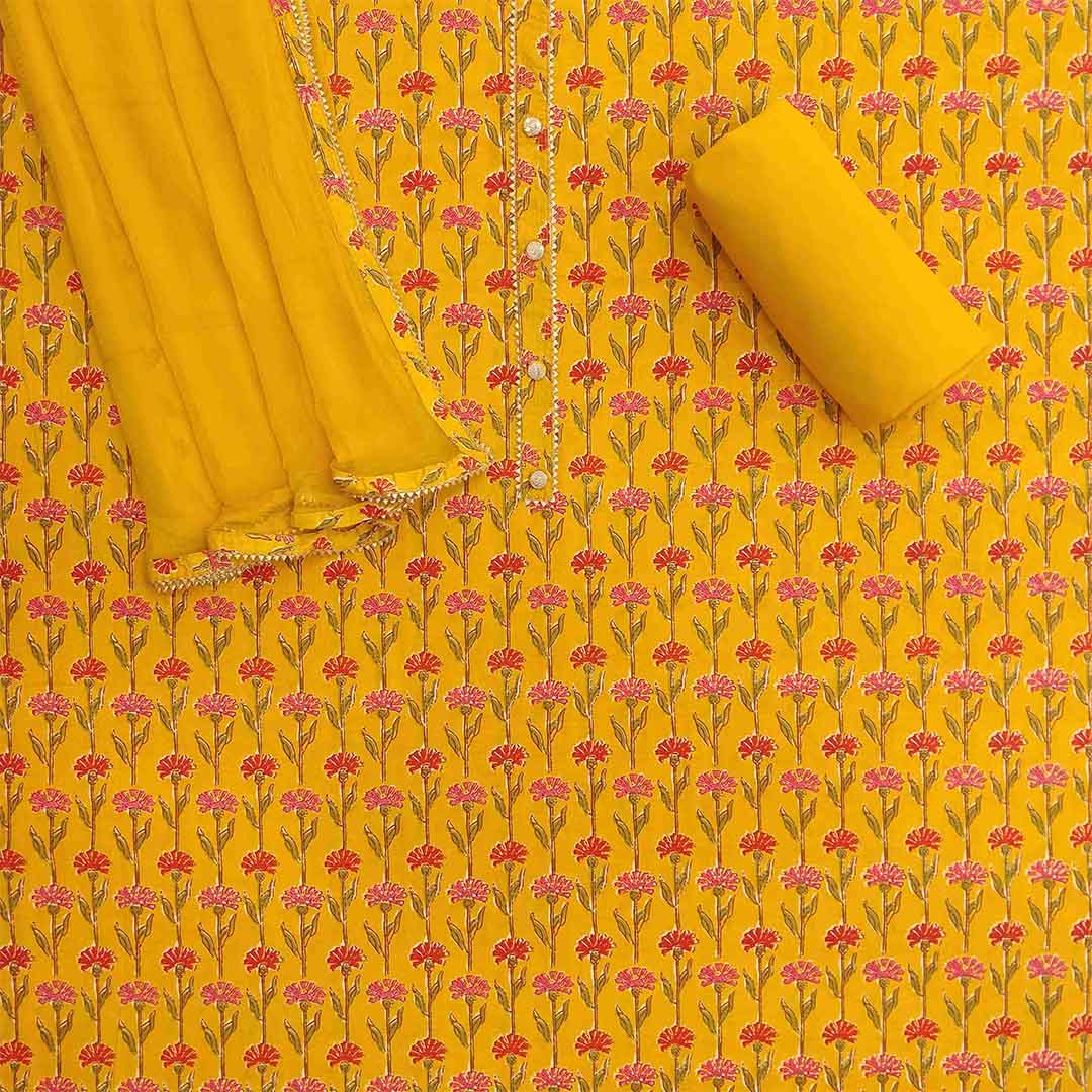Sun Yellow Unstitched Cotton Jaipuri Salwar Suit With Chiffon Dupatta