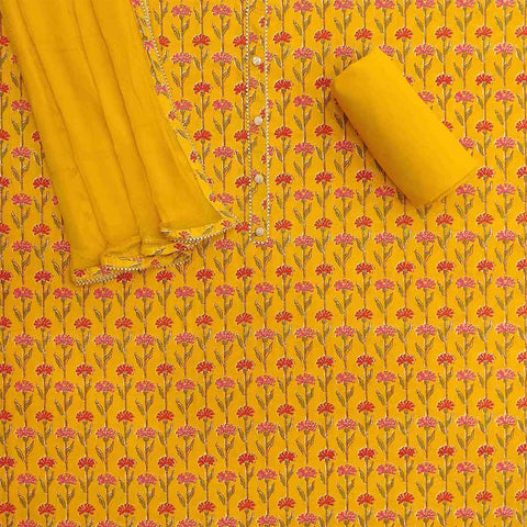 Sun Yellow Unstitched Cotton Jaipuri Salwar Suit With Chiffon Dupatta