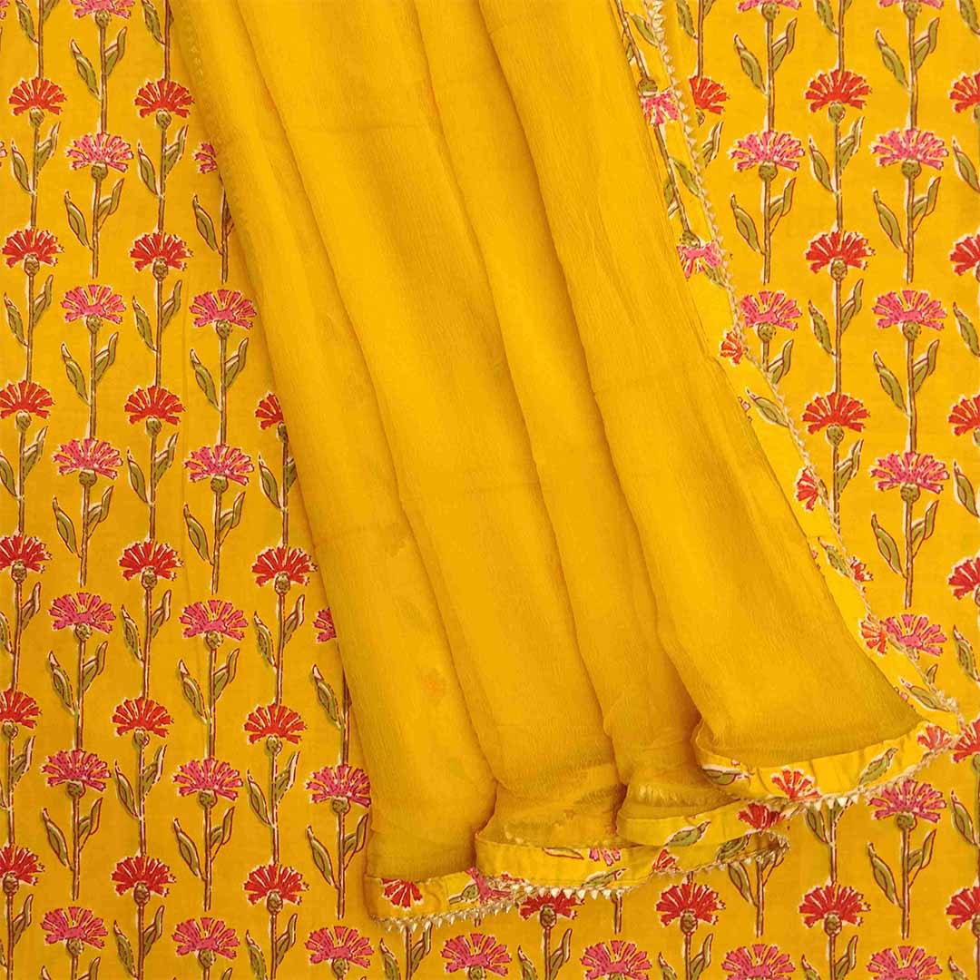 Sun Yellow Unstitched Cotton Jaipuri Salwar Suit With Chiffon Dupatta