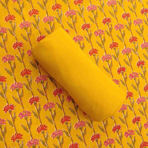 Sun Yellow Unstitched Cotton Jaipuri Salwar Suit With Chiffon Dupatta