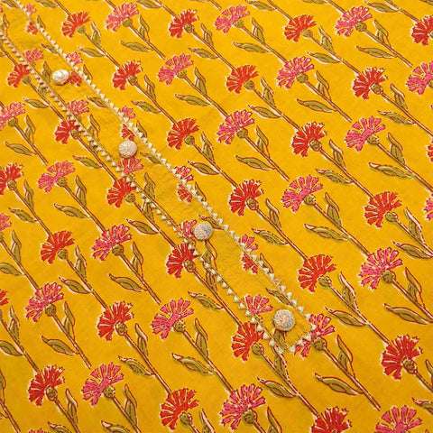 Sun Yellow Unstitched Cotton Jaipuri Salwar Suit With Chiffon Dupatta