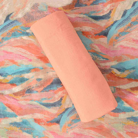 Sunrise Peach Abstract Printed Unstitched Cotton Jaipuri Suit Set With Chiffon Dupatta