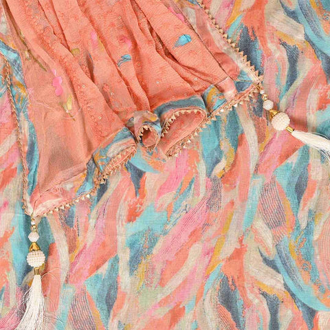 Sunrise Peach Abstract Printed Unstitched Cotton Jaipuri Suit Set With Chiffon Dupatta