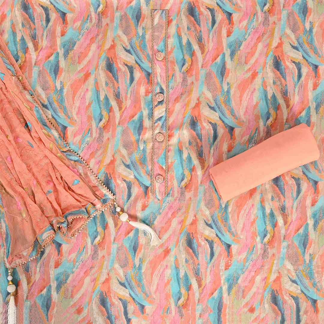 Sunrise Peach Abstract Printed Unstitched Cotton Jaipuri Suit Set With Chiffon Dupatta