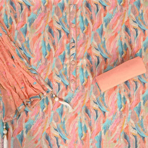 Sunrise Peach Abstract Printed Unstitched Cotton Jaipuri Suit Set With Chiffon Dupatta