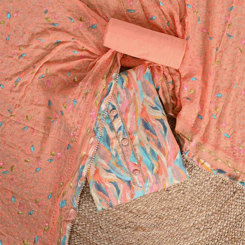 Sunrise Peach Abstract Printed Unstitched Cotton Jaipuri Suit Set With Chiffon Dupatta