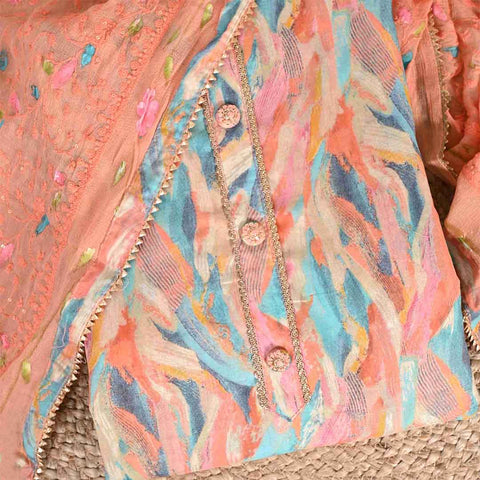 Sunrise Peach Abstract Printed Unstitched Cotton Jaipuri Suit Set With Chiffon Dupatta